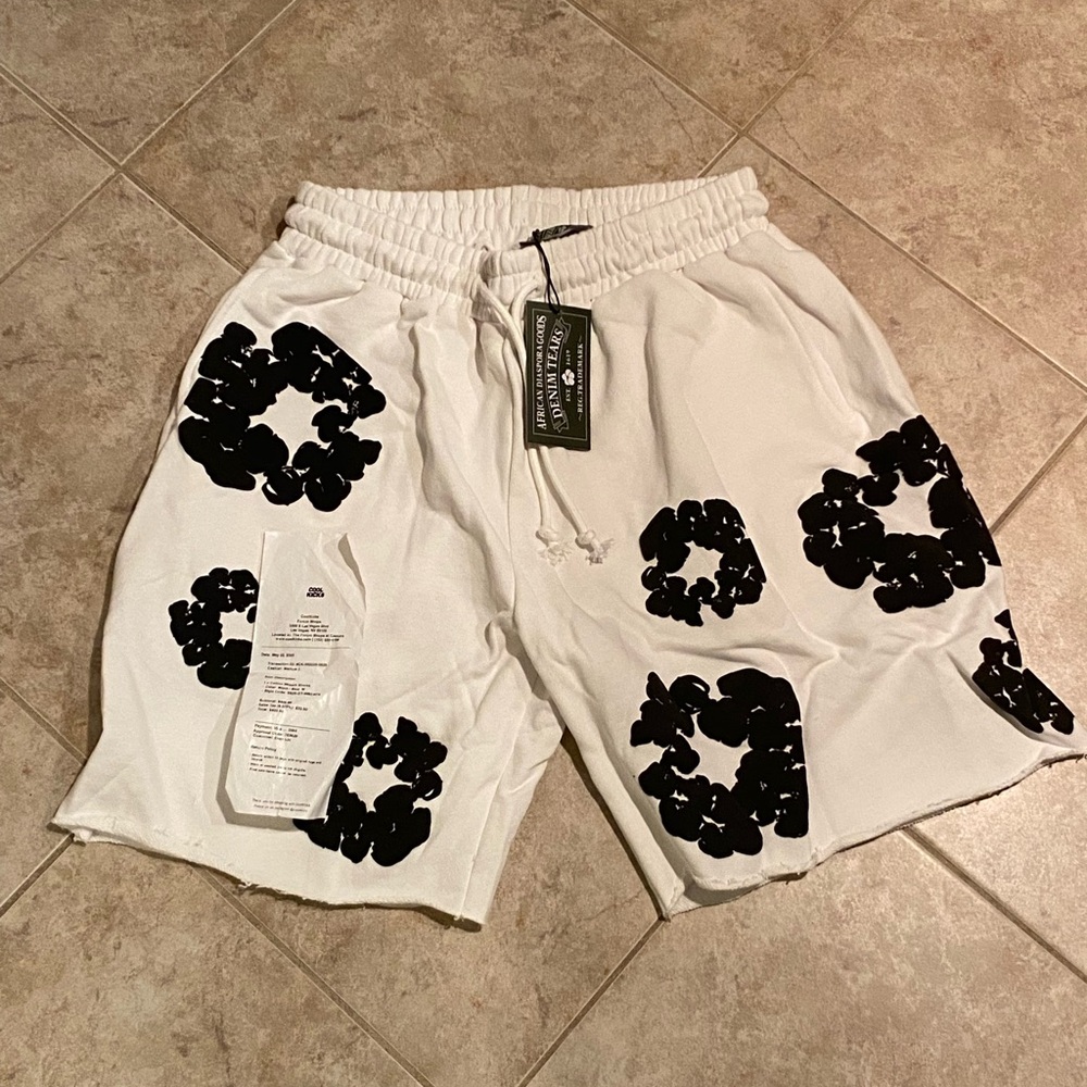 Athletic White and Black Floral Shorts with Drawstring